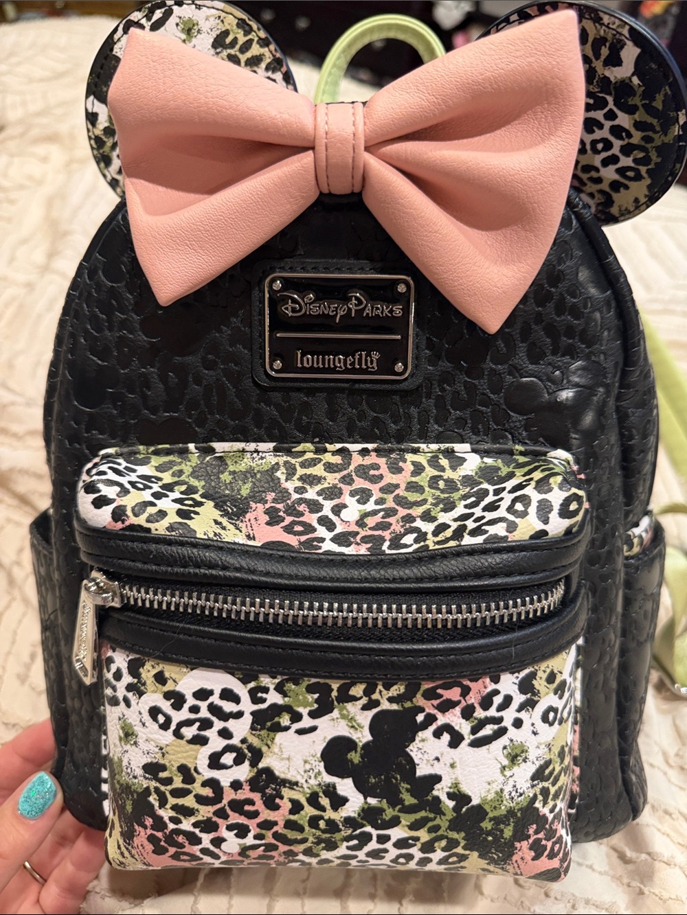 Disney Loungefly Black Mini Backpack w/ Pink Bow and Green-Pink Leopard Print